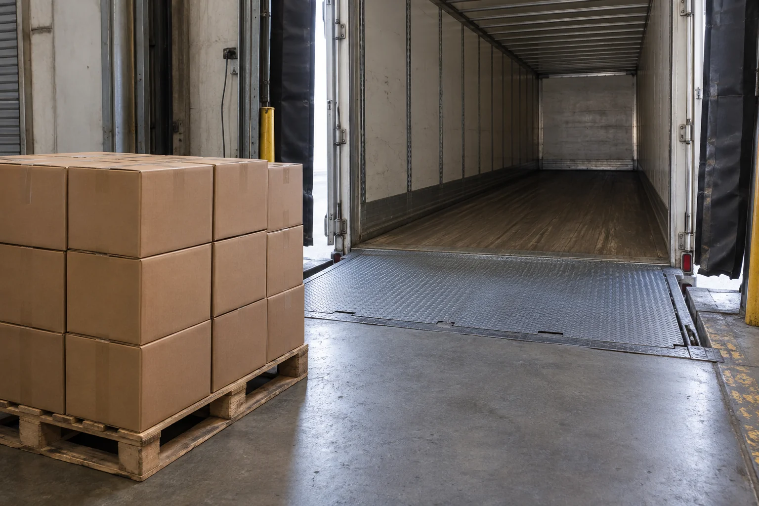 Plain palletized cartons beside an open trailer at a warehouse loading threshold